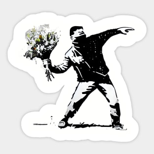 Captivating Banksy-Inspired Artwork: Man Throwing a Bouquet Sticker